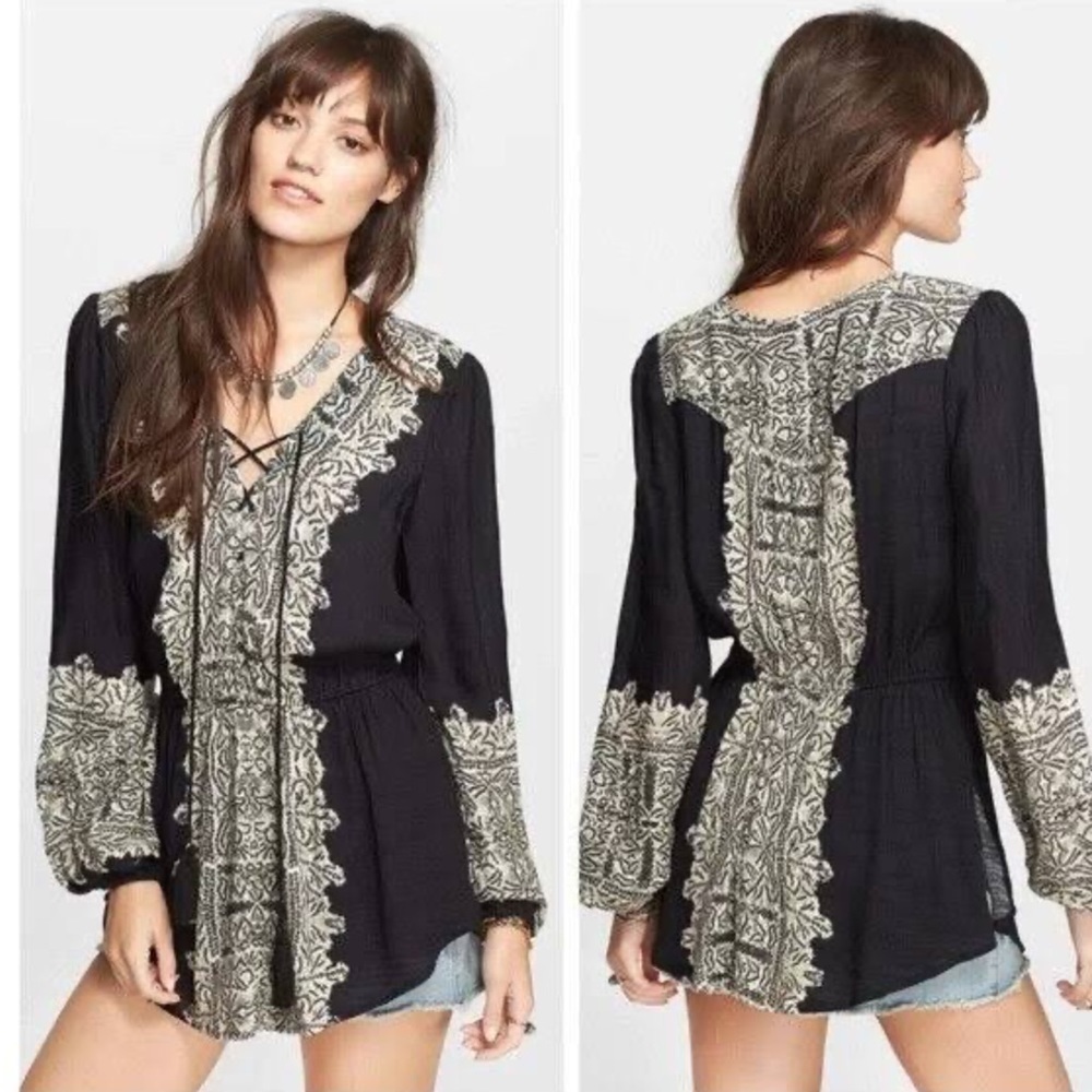Free People Womans Tunic XSmall Black Peasant Core Dress Boho Top Bohemian T107